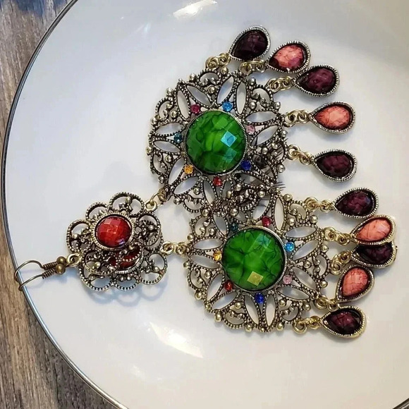 Vintage Neo Victorian Glam Long Faux Stone Dangle Earrings - Picture 2 of 9